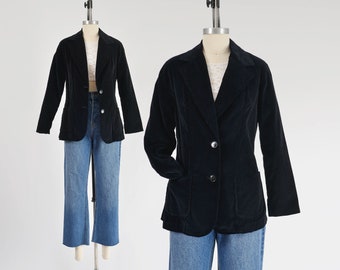 Black Velvet Blazer 70s Vintage Cotton Velveteen Classic Retro Dark Academia Fitted Suit Jacket size S