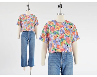 90s Floral Crop Top Small | Vintage Silky Cropped Blouse | Boxy Art Print Shirt | Cottagecore Summer Top