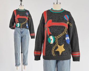 Christmas Holiday Sweater size M L | 80s Vintage Gift Present Bow Cotton Knit Pullover Sweater