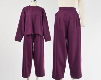 Komplet fioletowych wełnianych spodni M | Dwuczęściowy strój w stylu vintage z lat 80. | Minimalistyczny top i spodnie z wysokim stanem, 28 cali