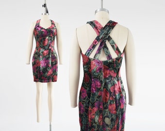 Floral Velvet Mini Dress 90s Vintage Sweetheart Neckline Criss Cross Strap Pencil Wiggle Dress size Small