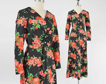 Black Floral Maxi Dress 70s Vintage Mod Long Sleeve Fit and Flare Formal Party Dress Pink Green size M