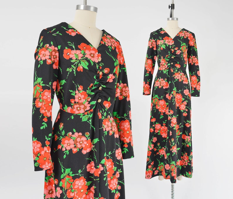 Black Floral Maxi Dress 70s Vintage Mod Long Sleeve Fit and Flare Formal Party Dress Pink Green size M image 1