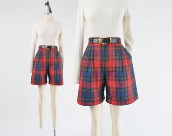 Red Plaid Shorts 90s Vintage Preppy Academia High Waisted Pleated Bermuda Shorts with Belt size M