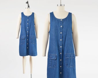 Denim Jumper Dress 90s Vintage Blue Jean Button Front Cotton Cargo Pocket Pinafore Dress size M