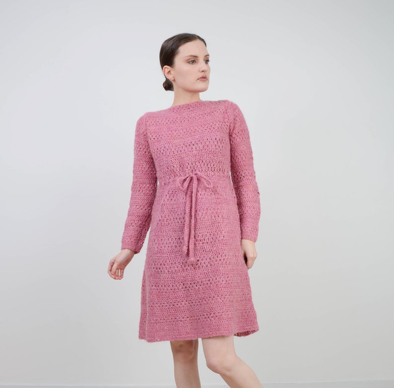 Semi Sheer Hand Knit Mohair Wool Dress Vintage Pink Crochet Dress size S M