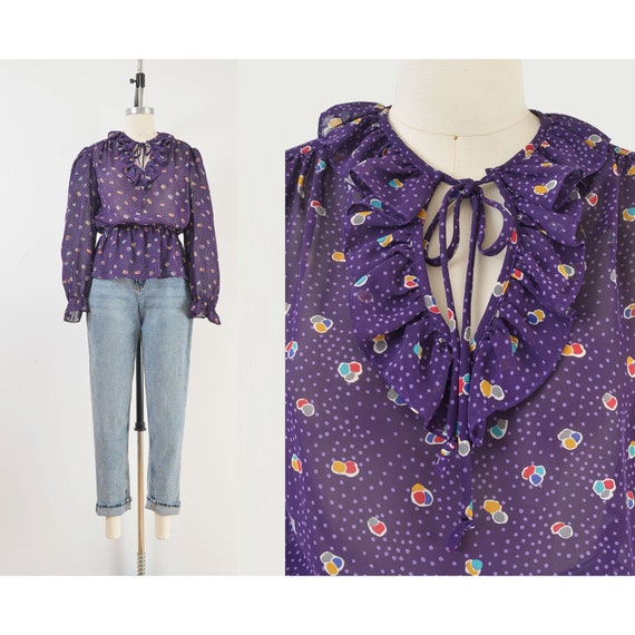 Vintage 80s Purple Sheer Blouse Polka Dot Ruffle … - image 1