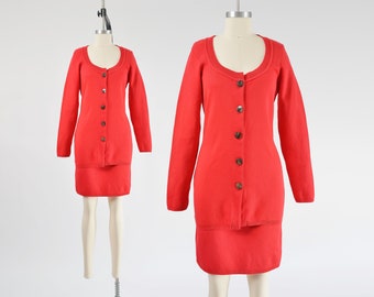 Red Sweater and Skirt Set 90s Vintage Cotton Knit Cardigan High Waisted Stretchy Pencil Skirt Two Piece Outfit size XS