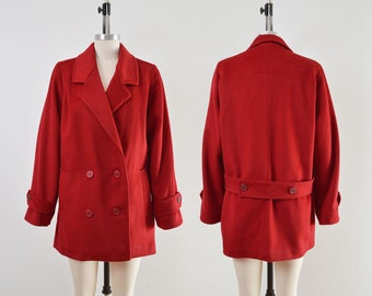 Cranberry Red Coat | Vintage 1980s Double Breasted Wool Jacket | size S M
