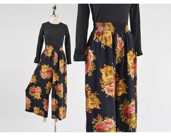 Vintage 90s Black Baroque Floral Palazzo Pants size XS S
