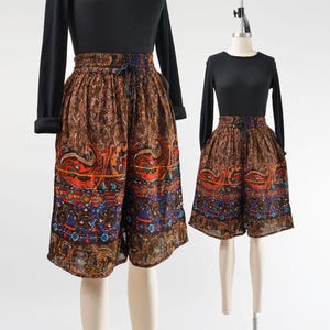 Boho Beaded Shorts size XS S | Vintage 90s Elastic Waist Wide Leg Rayon Bermuda Shorts with Pockets