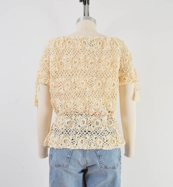 Cream Crochet Top size S M | 70s Vintage Boho Flo… - image 6