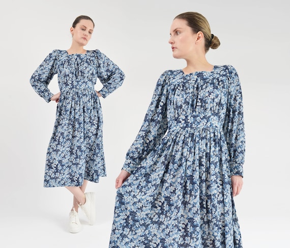 Blue Floral Dress size S M | 70s Vintage Jersey K… - image 1