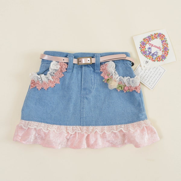 Vintage 90s Denim Lace Rosette Ruffle Jean Mini Skirt Kids Girl 3T