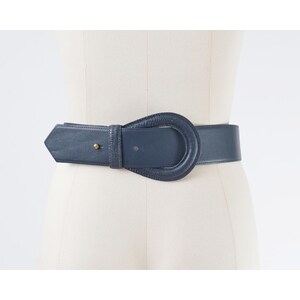 VTG Blue Leather Belt Small Wide Waist Sculptural Buckle Statement 80s Sash Blue Leather Belts for Women for sale | eBay main image 4