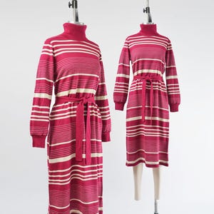 Striped Sweater Dress size XS S | Vintage 70s Turtleneck Knit Dress with Tie Belt Raspberry and Off White