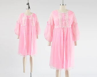 Pink Peignoir Lingerie Set 60s Vintage Sheer Nylon Lace Negligee Nightie Nightgown and Robe size