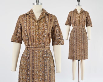 Vintage 50s Brown Batik Shirt and Skirt Set size XS Button Down Cotton Blouse Wiggle Pencil Skirt 25 inch waist