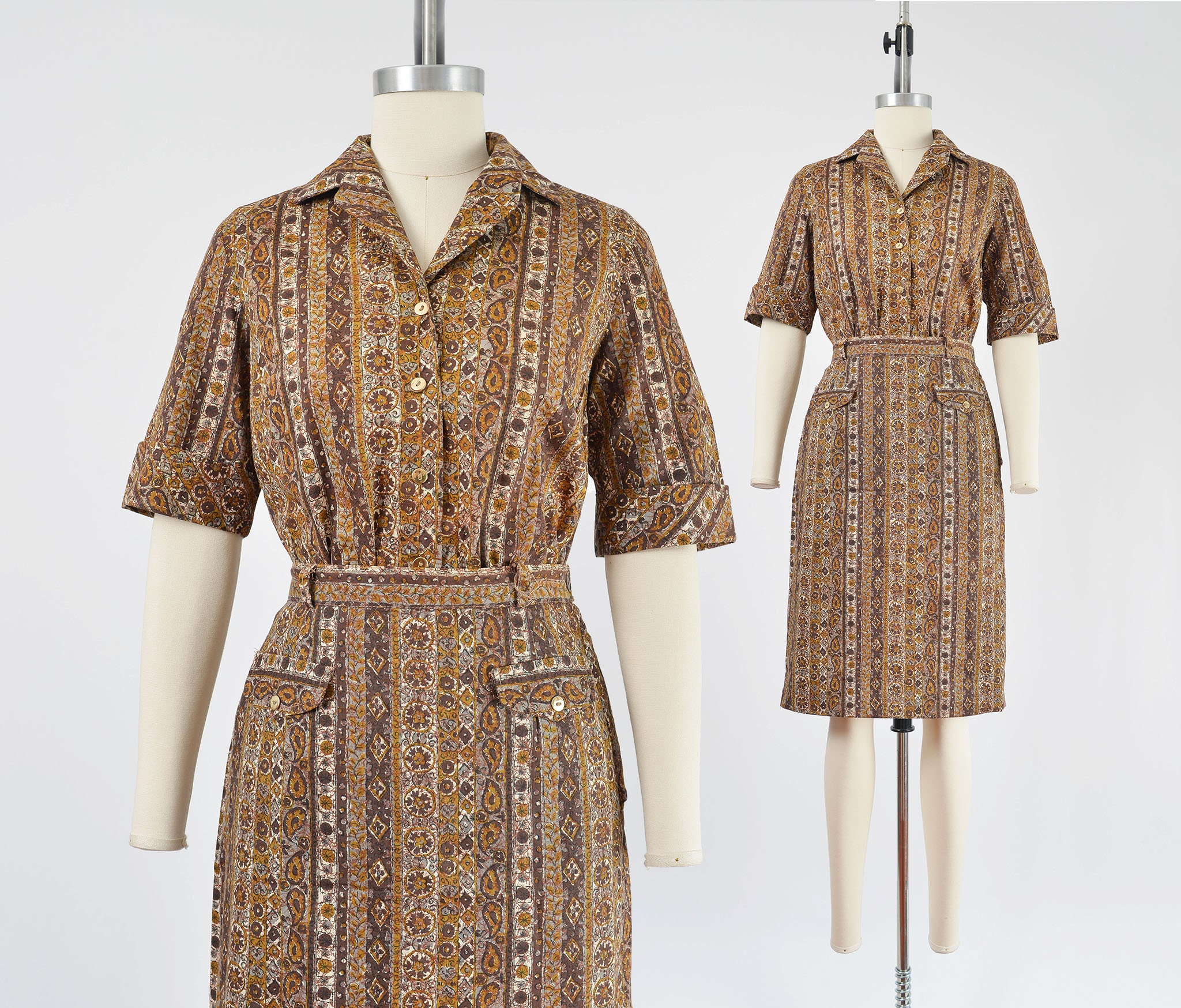 Conjunto de camisa y falda de los años 50, talla XS / Blusa de algodón con botones y estampado batik marrón vintage de los años 50, falda tubo con movimiento