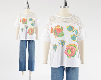 White Tropical Fish Print T-shirt 80s Vintage Sheer Fishnet Neckline Sea Beach Tee Shirt size S M