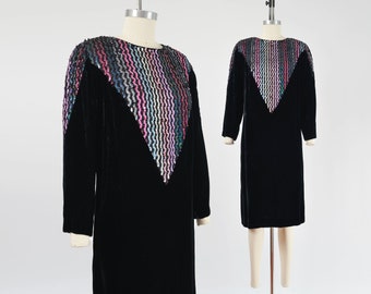 Vintage 80s Black Velvet Sequin Dress Puff Sleeve Shift Dress by Nuit size M 8