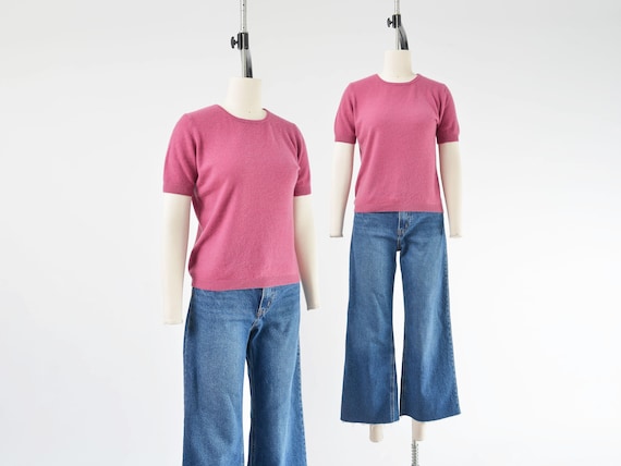 Pink Cashmere Sweater S M | Vintage 90s Short Sleeve Sweater Minimalist Knit Top Luxury Crewneck T-Shirt Style Pullover