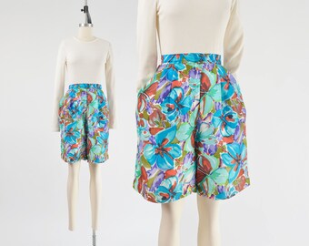 Colorful Silk Floral Shorts 90s Vintage High Waisted Pleated Front Bermuda Shorts size M L