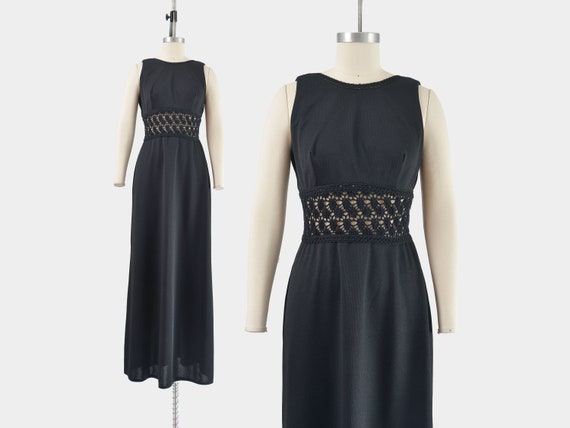 Black Maxi Dress 70s Vintage Illusion Sheer Croch… - image 1