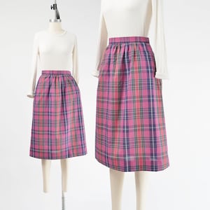 Purple Plaid Skirt size XS | Vintage 80s Cotton Blend High Waisted A-line Midi Skirt with Pockets 25 waist