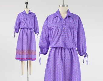 Purple Floral Dress 70s Vintage Blouson Collared Knit A-line Midi Length Boho Dress size S M