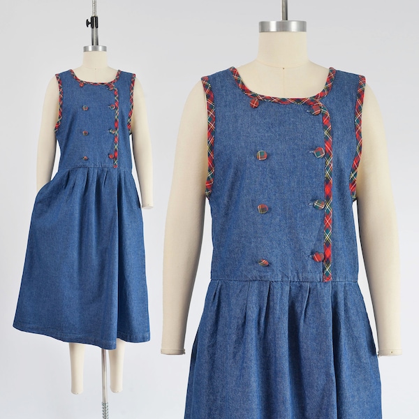 Denim Pinafore Dress 90s Vintage Tartan Plaid Sleeveless Full Skirt Jumper Dress with Pockets size S M