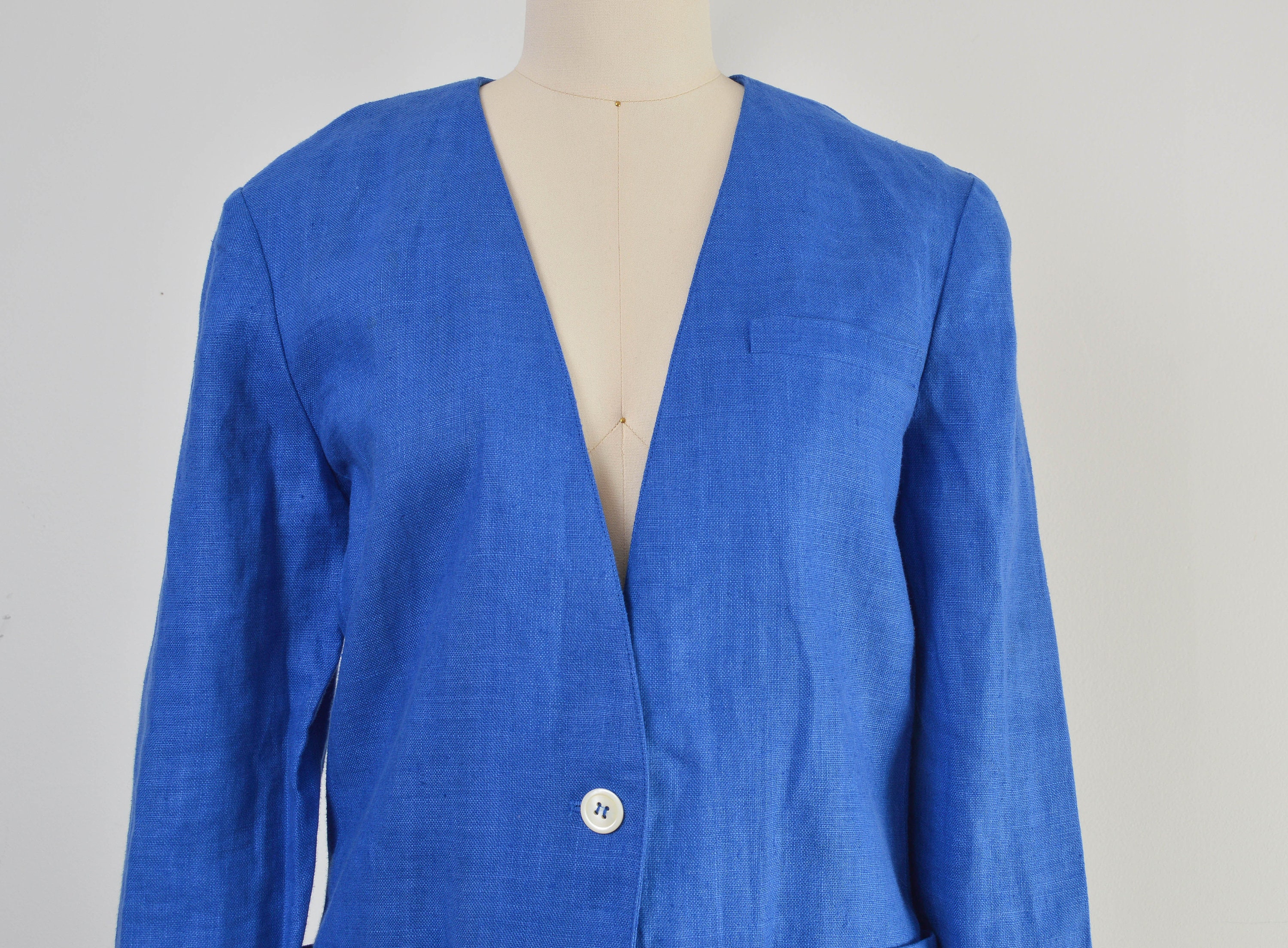 Blue Linen Jacket 80s Vintage V Neck Minimalist Blazer Etsy