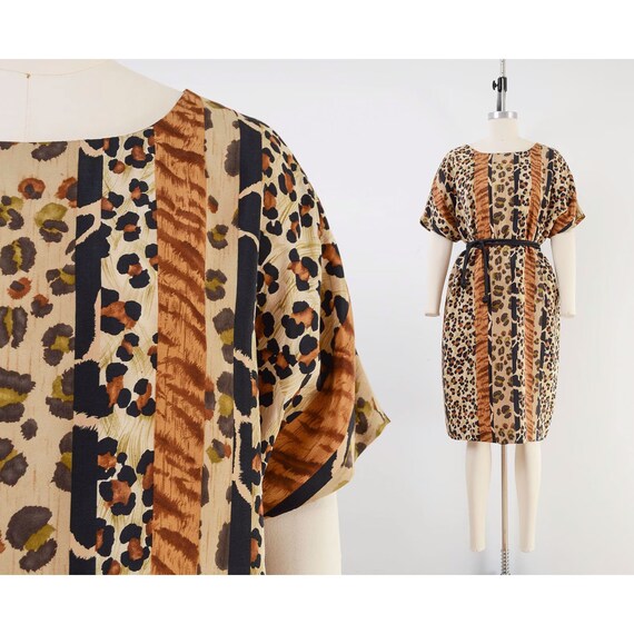 Vintage 90s Leopard Striped Dress size M L Silk A… - image 1