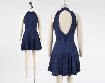 Navy Lace Skater Dress 90s Vintage Cut Out Open Back Sleeveless Fit and Flare Mini Dress size XS