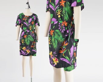 Black Floral Dress 90s Vintage Wrap Around Sarong Sheath Dress Tropical Print Dress Giorgio Sant'Angelo size Large