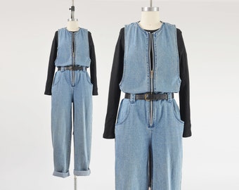 Denim Jumpsuit 90s Vintage Blue Jean Zipper Front Jean Overalls Pinafore Jumper Unisex size S M