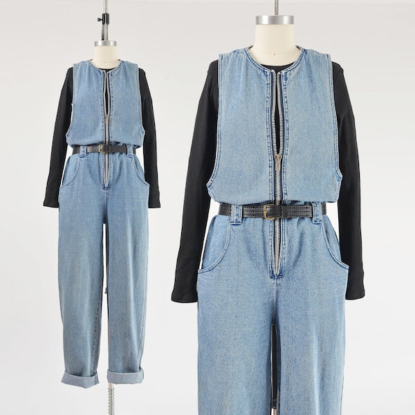 Denim Jumpsuit 90s Vintage Blue Jean Zipper Front Jean Overalls Pinafore Jumper Unisex size S M