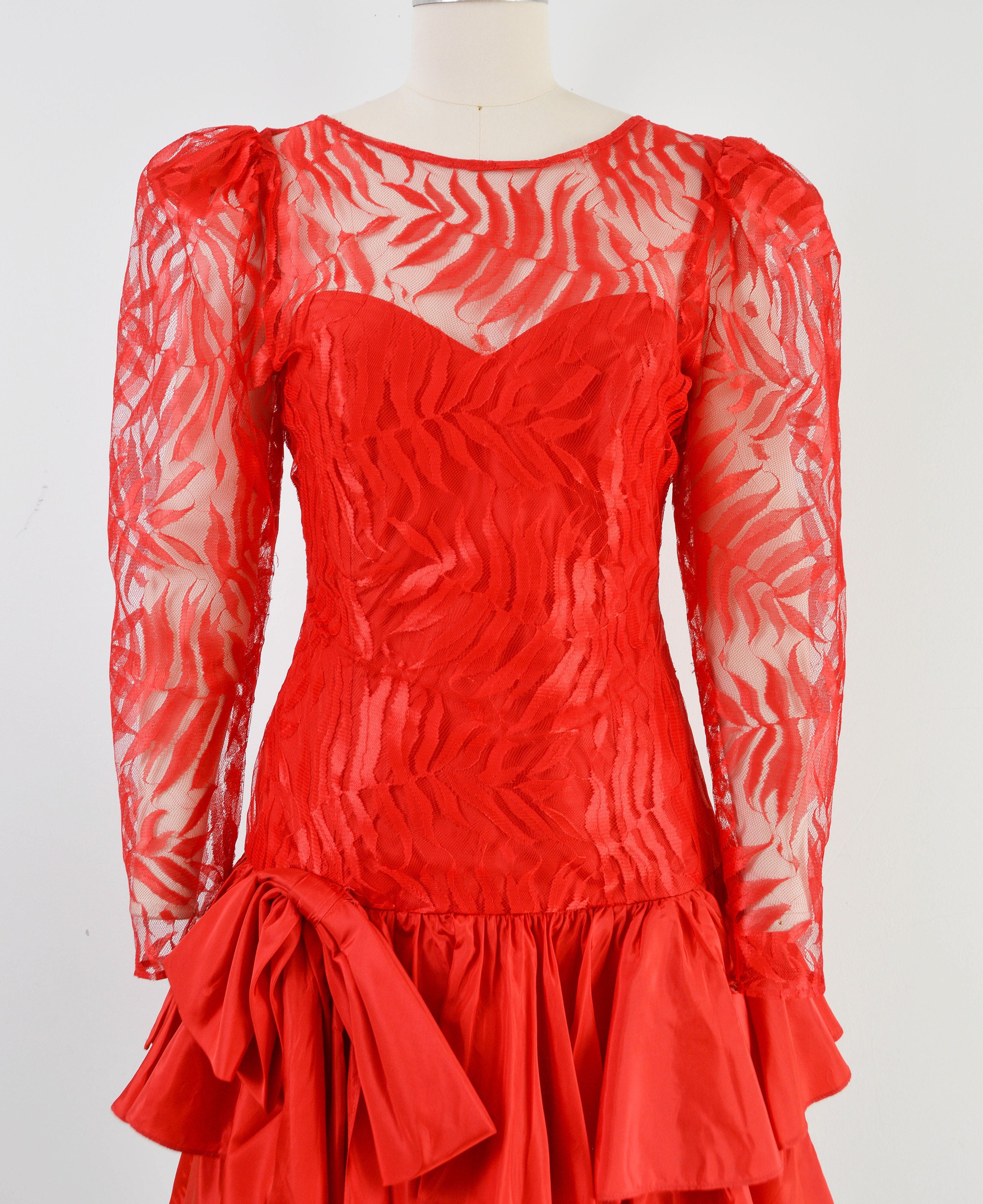 Red Sheer Lace Dress 80s Vintage Dropped Waist Ruffle Skirt - Etsy Singapore