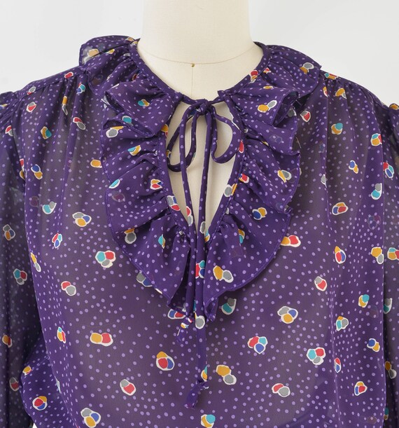 Vintage 80s Purple Sheer Blouse Polka Dot Ruffle … - image 6