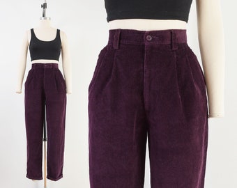 Dark Purple Corduroy Pants | 90s Vintage High Waisted Pleated Front Tapered Leg Trousers size Medium 28
