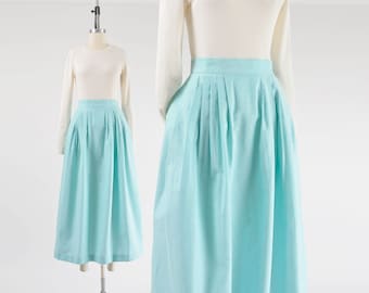 Seafoam Oxford Cotton Skirt 80s Vintage Full Pleated Ankle Length Skirt with Pockets size M