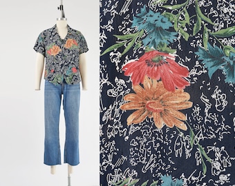 Navy Floral Print Blouse 90s Vintage Short Sleeve Collared Shirt Zipper Front Boho Cottagecore Top size S M