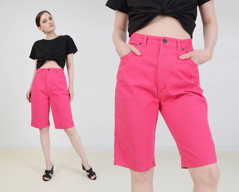 High Waist Knee Length Shorts Vintage 80s Magenta Pink Shorts size M 28 inch waist