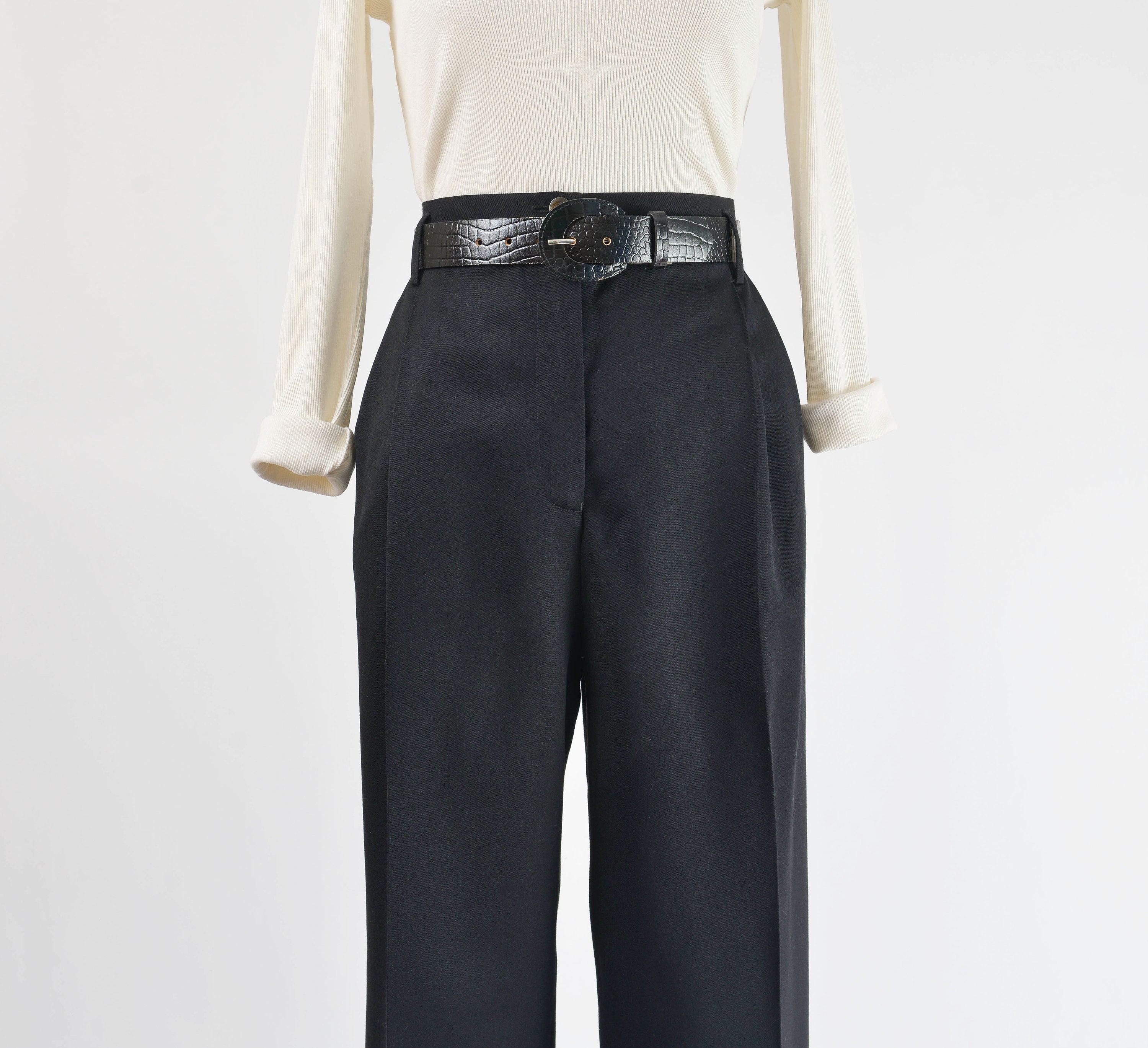 Vintage 90s Black Wool Trousers Size Large Minimal Classic High Waisted  Pleated Front Tapered Leg Pants - Etsy