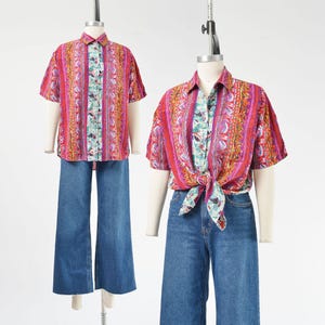 Colorful Striped Shirt size Small | Vintage 90s Boho Oversized Fit Button Down Short Sleeve Blouse