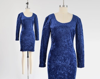Blue Crushed Velvet Dress 90s Vintage All That Jazz Stretchy Body Con Party Cocktail Mini Dress size S M