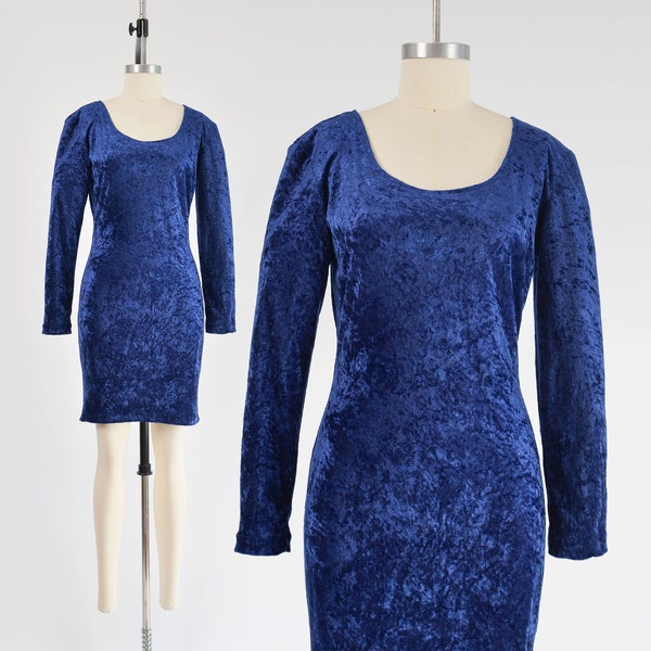 Blue Crushed Velvet Dress 90s Vintage All That Jazz Stretchy Body Con Party Cocktail Mini Dress size S M