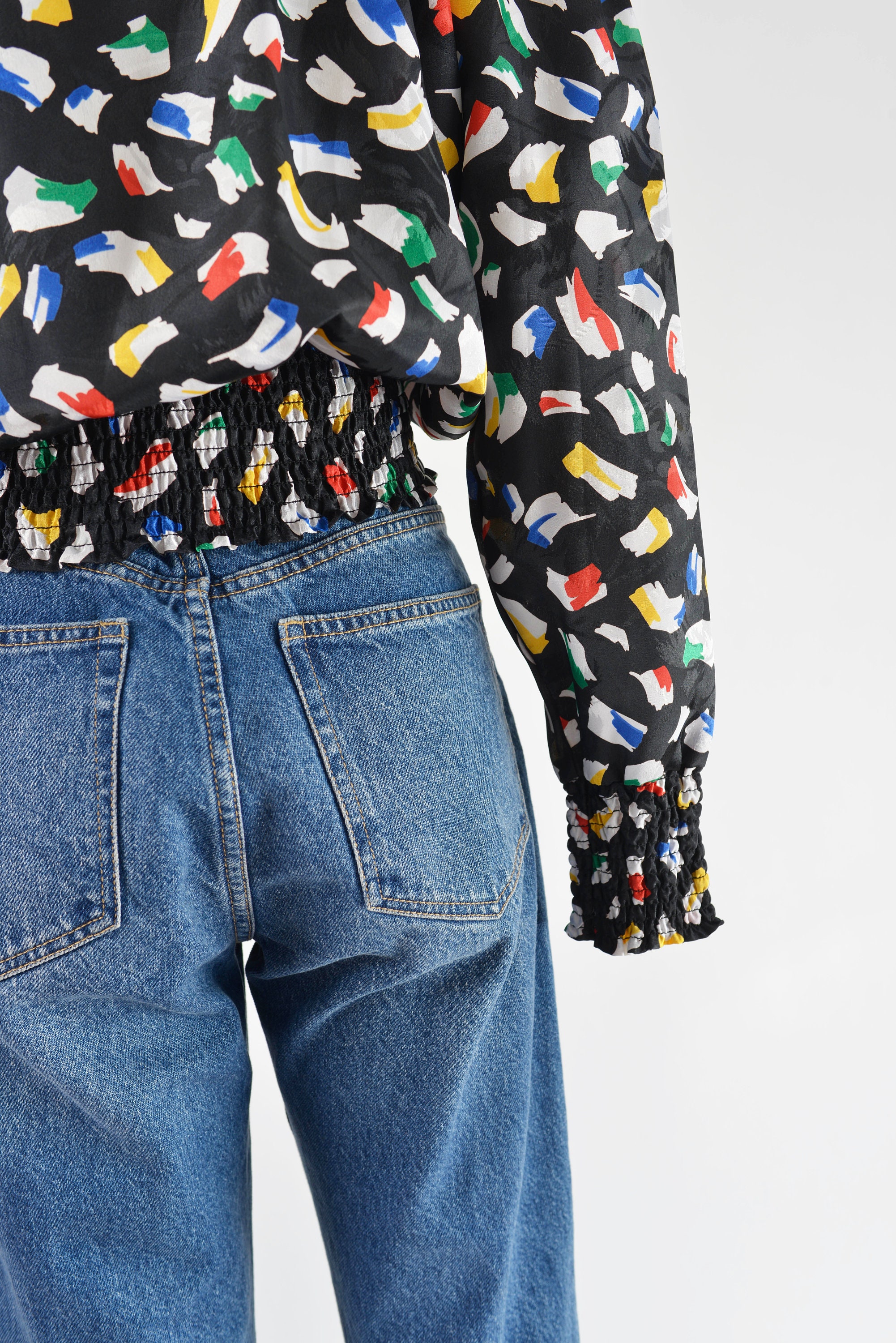 Vintage 80s Black Artsy Abstract Print Blouse Size Medium