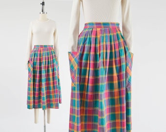 Colorful Madras Plaid Cotton Skirt 80s does 50s Vintage High Waisted Full Midi Skirt with Pockets size M