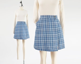 Bill Blass Plaid Skort 90s Vintage High Waisted Wrap Around Mini Skirt Blue and White Cotton Shorts size M